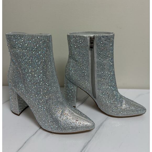 Lauren Lorraine Jam Silver Rhinestone Ankle Boots Womens size 9 Block Heel - Picture 2 of 7